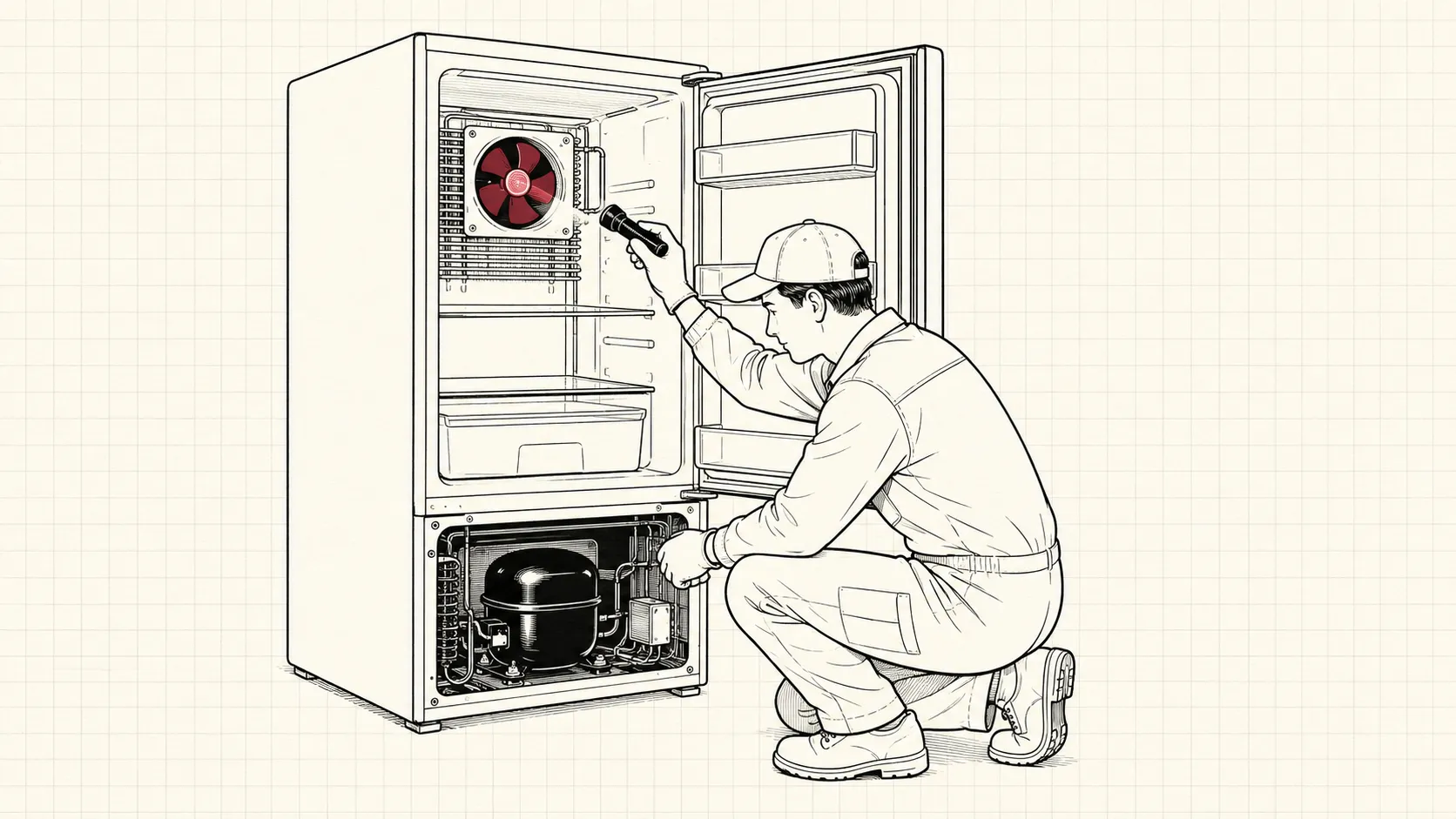 Line drawing of a refrigerator with a person checking the fan area and compressor compartment.