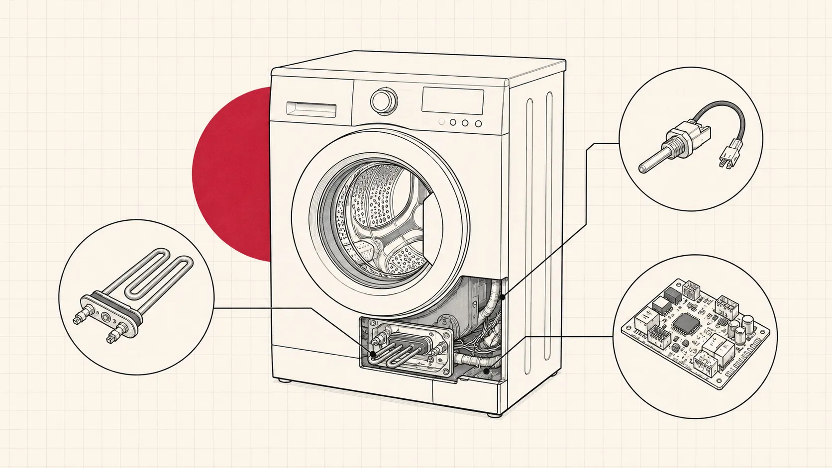 Line drawing of a front load washing machine with heating element, temperature sensor, and control board
