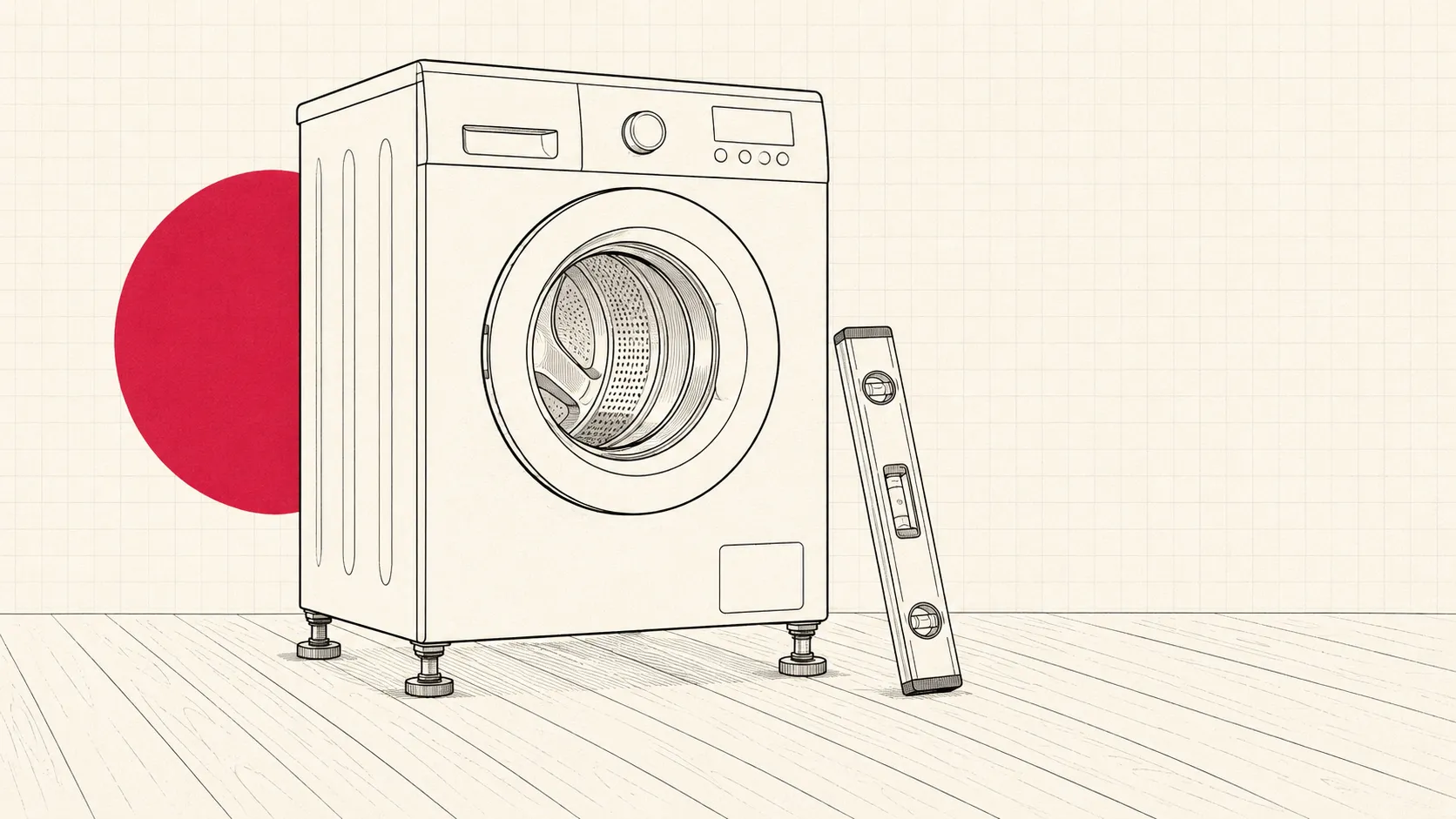 Line drawing of a washing machine with adjustable feet and a level tool on the floor